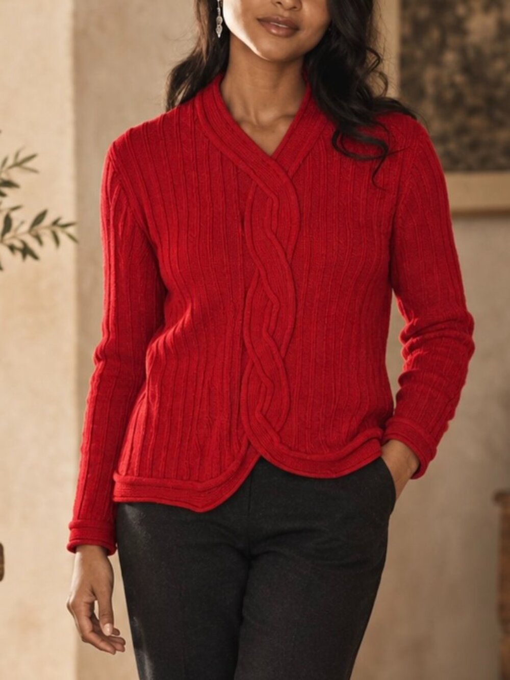 Peruvian Connection Red Alpaca Cable Knit Sweater Medium